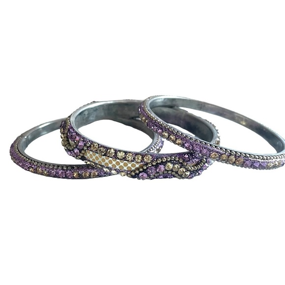 Set of Three Crystal Silver Tone Bangle Bracets - Picture 3 of 11